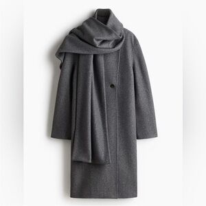 H&M Dark Gray Wool-Blend Trench Coat with Scarf